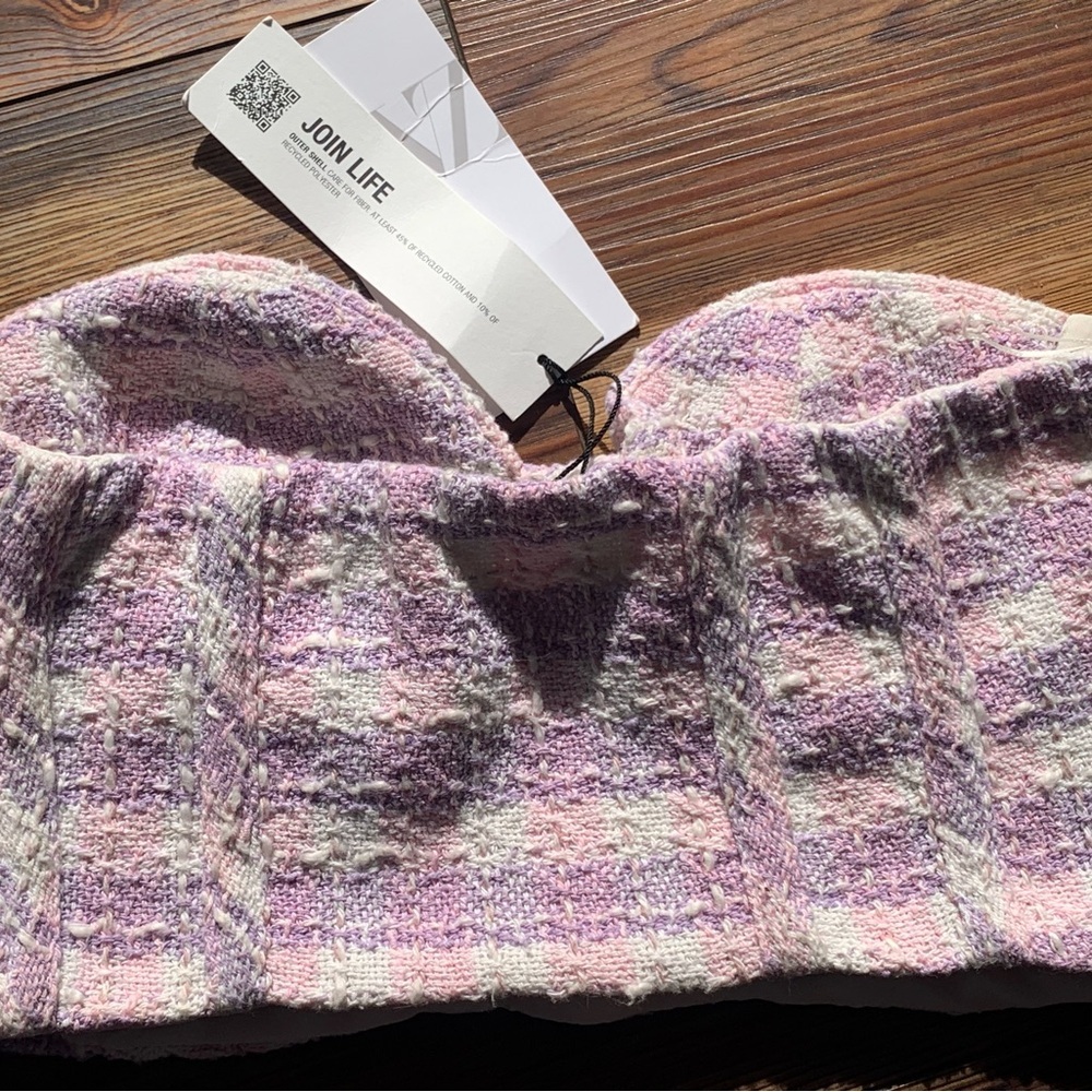 NWT Zara Womens X Small Tweed Bustier Crop Corset Top Pink Purple Plaid XS - Picture 2 of 9